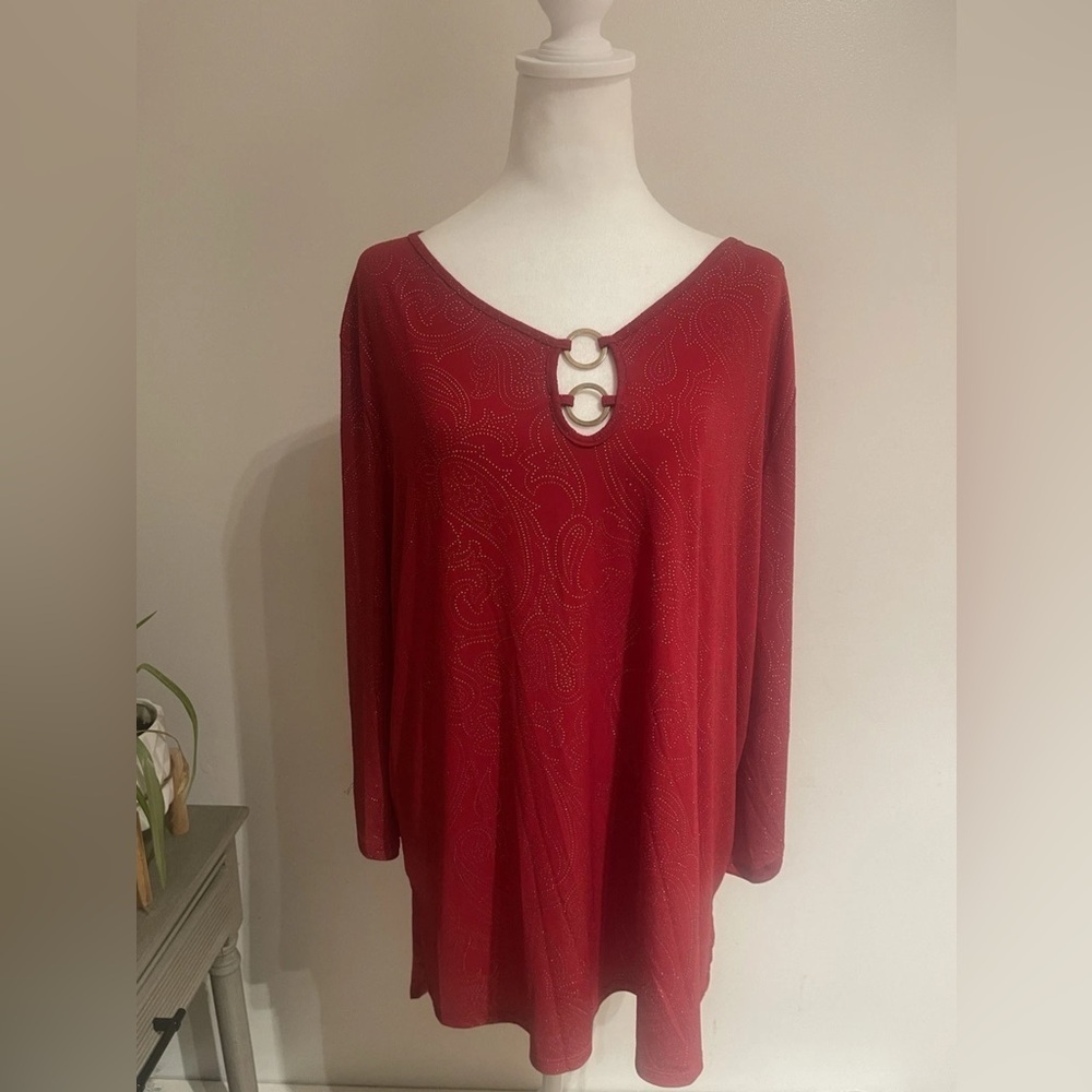Amana Red and Gold Rhinestone Paisley Pattern Tunic Flowy Elegant Blouse Size 2X